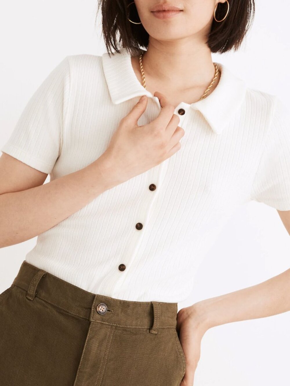 Cream Ribbed Polo Button-Front Tee